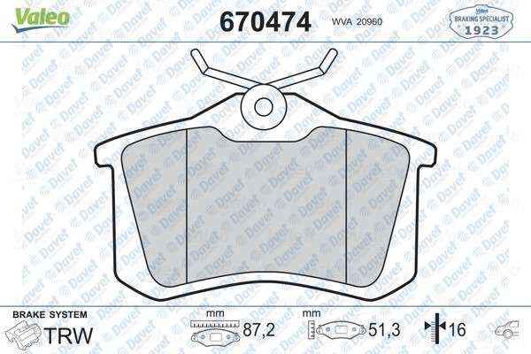VALEO 670474 Arka Fren Balatasi Citroen C3 1.1/1.4/1.6/1.4d/1.6d 02/02> Citroen C3 Aircross 1.2/1.6d 06/17> Citroen C3 Picasso 1.4/1.6/1.6d 02/09> Citroen C4 1.4/1.6/2.0/1.6d/2.0d 09/04> Citroen Ds3 1.6/1.4d/1.6d 11/09> Opel Crossland X 1.2/1.6d/03/17> Peugeot